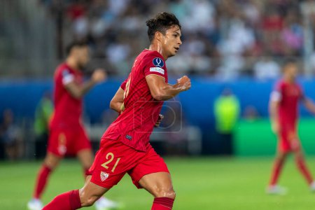 Photo for Athens, Greece - August 16,2023: Player of Oliver Torres  in action during the UEFA Super Cup Final match between Manchester City and Sevilla at Stadio Karaiskakis, Piraeus - Royalty Free Image