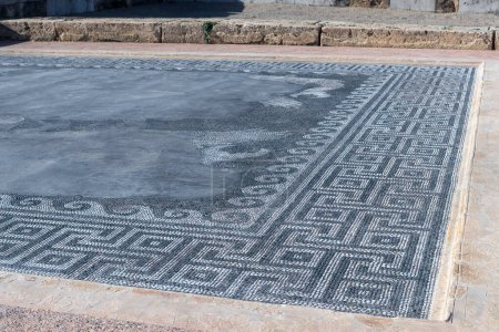 Vergina, Grecia - 5 de enero de 2024: El Palacio de Aigai después de 16 años de restauración. El palacio es donde Alejandro Magno fue coronado rey de los macedonios. Detalle mosaico