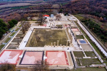 Photo for Vergina, Greece -January 5, 2024: An aerial view of the Palace of Aigai following 16 years of restoration. The palace is where Alexander the Great was crowned king of the Macedonians - Royalty Free Image