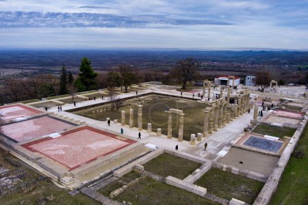 Vergina, Greece -January 5, 2024: An aerial view of the Palace of Aigai following 16 years of restoration. The palace is where Alexander the Great was crowned king of the Macedonians
