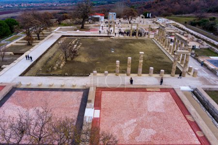 Vergina, Greece -January 5, 2024: An aerial view of the Palace of Aigai following 16 years of restoration. The palace is where Alexander the Great was crowned king of the Macedonians
