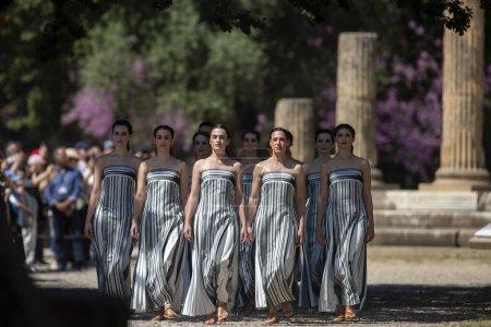 Photo for Olympia, Greece - April 15, 2024: Final dress rehearsal of the Olympic flame lighting ceremony for the Paris 2024 Summer Olympic Games in Ancient Olympia, Greece - Royalty Free Image