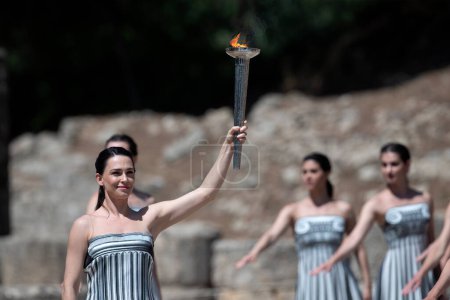 Photo for Olympia, Greece - April 15, 2024: Final dress rehearsal of the Olympic flame lighting ceremony for the Paris 2024 Summer Olympic Games in Ancient Olympia, Greece - Royalty Free Image