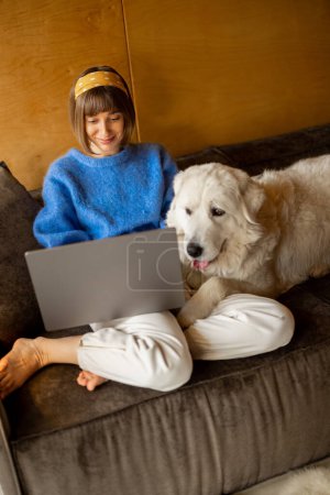 Photo for Young woman works on laptop while sitting on a couch with her white adorable dog at home. Concept of remote work from home and friendship with pets - Royalty Free Image