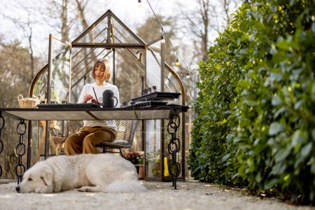 Foto de Mujer plantando semillas de flores en bandejas de plántulas mientras está sentada junto a la mesa con su perro al aire libre. Concepto de pasatiempo o tiempo libre activo en el jardín - Imagen libre de derechos