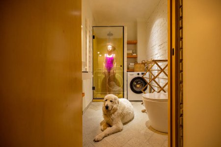 Téléchargez les photos : Mignon chien couché dans la salle de bain avec une femme prenant une douche sur le fond. Vue par la porte. routine quotidienne et hygiène, style de vie domestique et animaux de compagnie concept - en image libre de droit