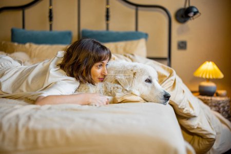 Foto de Cute young woman hugs with her white adorable dog while lying on bed at home. Concept of friendship with pets and home coziness - Imagen libre de derechos