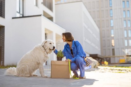 Téléchargez les photos : Femme prend soin de son chien assis avec une boîte en carton et un pot de fleurs, déménageant dans une nouvelle maison. Immeuble d'appartements sur fond. - en image libre de droit