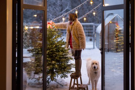 Photo for Young woman decorates Christmas tree, attaching festive bow on top while standing on step ladder at beautiful snowy backyard with dog, view through the window. Preparation for the winter holidays - Royalty Free Image