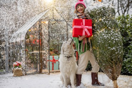 Téléchargez les photos : Portrait d'une femme debout avec un sapin de Noël enveloppé, une boîte-cadeau et son chien à proximité dans une cour joliment décorée sur des chutes de neige. Concept de vacances d'hiver heureuses et de magie - en image libre de droit