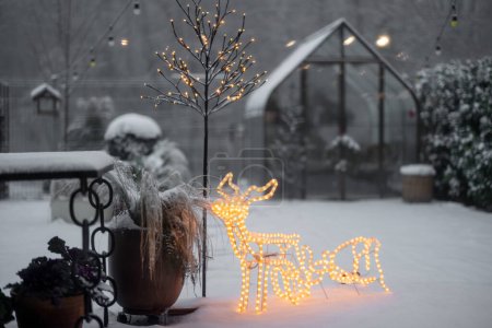 Patio trasero cubierto de nieve con guirnaldas y ciervos y invernaderos iluminados sobre fondo