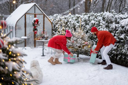 Foto de Man and woman put presents under Christmas tree while decorating backyard for a winter holidays. Happy family celebrating New Years holidays outdoors - Imagen libre de derechos