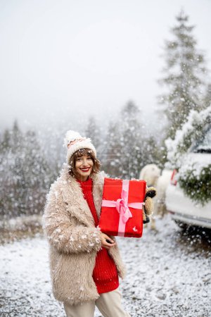 Téléchargez les photos : Portrait de femme heureuse se tient avec une boîte-cadeau sur la tempête de neige tout en voyageant en voiture décorée avec une couronne de Noël et un arbre. Concept de vacances d'hiver heureuses et de magie - en image libre de droit