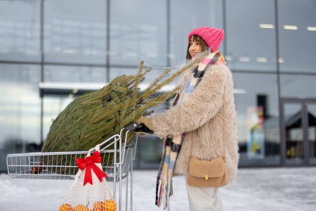 Téléchargez les photos : Woman pushing shopping cart with wrapped Christmas tree and fruits near shopping mall outdoors. Winter holidays shopping concept - en image libre de droit