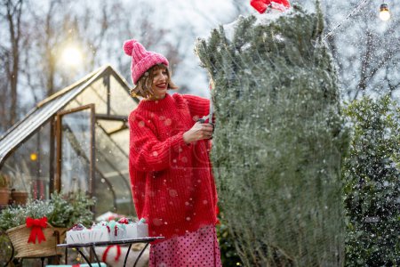 Foto de La mujer joven en suéter rojo y sombrero desempaca el árbol de Navidad de la red de embalaje, decorando el patio trasero para unas vacaciones de invierno. Concepto de preparación para un Año Nuevo y celebración - Imagen libre de derechos