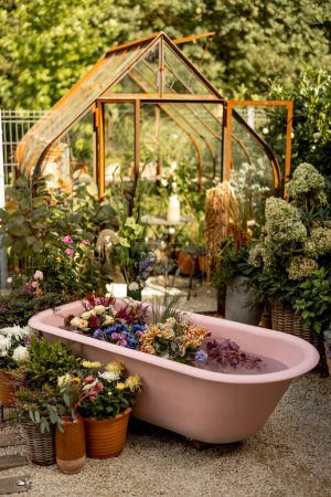 Foto de Hermoso jardín con bañera rosa, invernadero vintage y muchas flores. Concepto de espacio acogedor patio trasero y belleza - Imagen libre de derechos