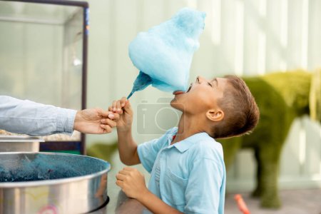 Foto de Niño toma un dulce algodón de azúcar en el mostrador mientras visita el parque de atracciones durante unas vacaciones de verano - Imagen libre de derechos