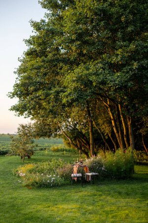 Foto de Beautiful green lawn with flowers and dining table for two near the forest during the sunset. Romantic picnic on nature and beauty of nature concept - Imagen libre de derechos