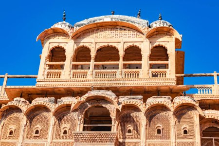 Photo for Heritage jaisalmer fort vintage architecture with bright blue sky from different angle at day - Royalty Free Image