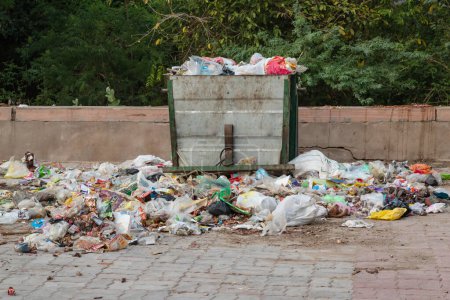 Foto de Basura abierta cubo de basura litro con plástico ruega y artículos de desecho en el día desde diferentes ángulos - Imagen libre de derechos