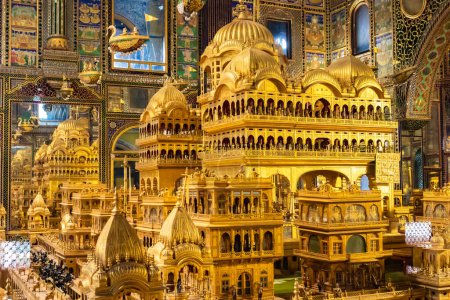Photo for Miniature of holy golden temple of ancient india from different angle image is taken at Soni Ji Ki Nasiya Jain Temple, Ajmer, Rajasthan, India on Aug 19 2023. - Royalty Free Image