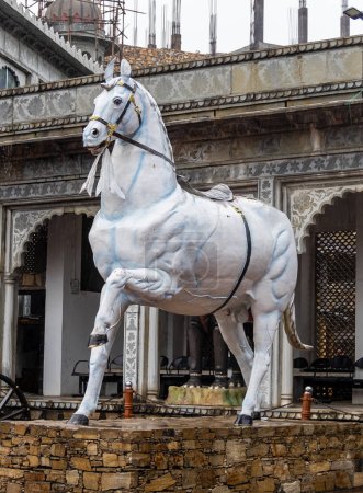 Photo for Maharana pratap white horse chetak statue at rainy day from flat angle image is taken at maharana pratap museum haldighati rajasthan india. - Royalty Free Image