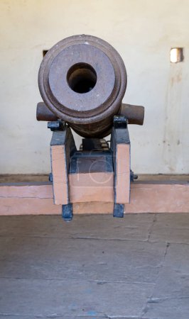 vintage cannon kept for ancient fort protection at morning from different angle image is taken at Kumbhal fort kumbhalgarh rajasthan india.