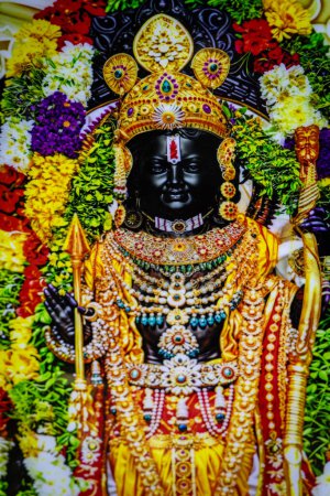 hindu god lord rama from Ramayana black stone statue from flat angle in details image is taken at Shree Ram Janmabhoomi Mandir Ayodhya uttar pradhesh india.