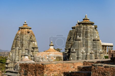 ancient temple unique architecture with bright blue sky at morning image is taken at Kumbhal fort kumbhalgarh rajasthan india.