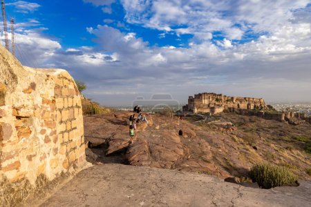 mehrangarh fort, jodhpur, rajasthan, India - Apr 18 2024: ancient fort with dramatic blue sky at evening from unique angle
