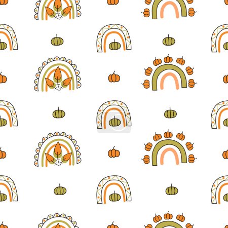 Illustration for Seamless autumn pattern with pumpkins and rainbows simple style limited Palette. Vector pattern on white background perfect for fabric, invitations, posters, printing - Royalty Free Image