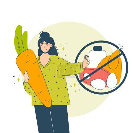 Illustration for A happy woman chooses veganism and vegetables. The concept of a vegetarian diet girl embraces carrots and refuses meat and dairy. - Royalty Free Image