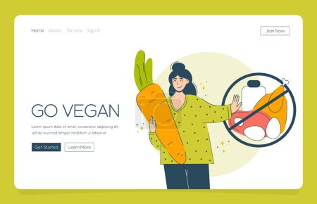 Illustration for Web app landing happy woman chooses veganism and vegetables. The concept of a vegetarian diet girl embraces carrots and refuses meat and dairy. - Royalty Free Image
