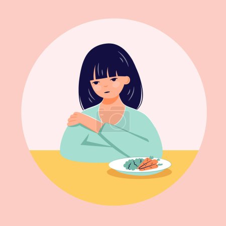 Illustration for Eating disorder concept. Girl refuse food. Anorexia problem flat person illustration - Royalty Free Image