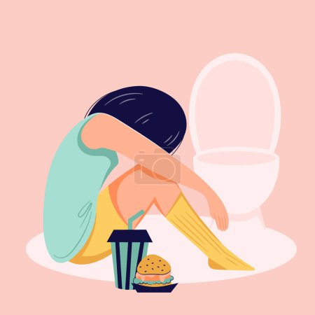 Eating disorder concept. Girl purge after eating. Bulimia problem flat person illustration