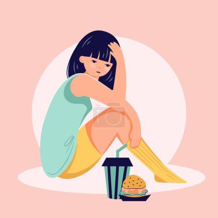 Illustration for Eating disorder concept. Girl refuse food. Anorexia problem flat person illustration - Royalty Free Image
