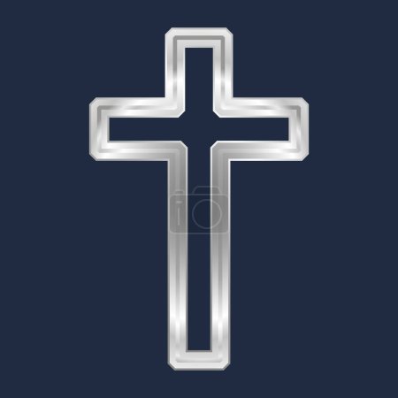 Silbernes christliches Kreuz. Religiöse Designvorlage, ein Symbol des Glaubens. Realistische Darstellung isoliert auf dunkelblauem Hintergrund