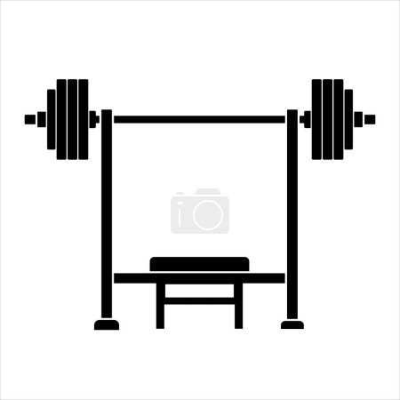 Barbell rack at gym fitness club. Rack with a barbell, Gym concept. Black icon on white background, for mobile concept and web design. Barbell bench press rack, powerlifting. Bench  for bench press.