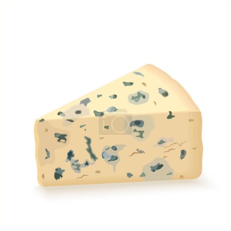 Una rebanada de queso azul, pieza triangular con molde. Productos lácteos y quesos. Queso Roquefort. Ilustración vectorial realista aislada sobre fondo blanco