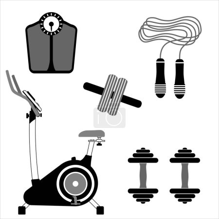 Illustration for Fitness sport symbols. Gym workout equipment. Exercise bike Icon. Flat black icons on white. Set of icons with sports equipment for the gym, vector illustration. - Royalty Free Image