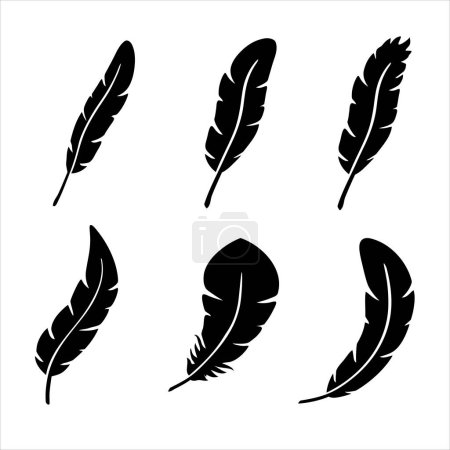 Flat black feathers, vintage bird plumage elements. Smooth graphic shapes. Set of Bird Feather. Pen icon. Bird Feather silhouettes for stencil, tattoo. Plumelet collection. Vector isolated on white.