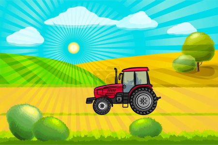 Red tractor is working in the field. The tractor drives across the field against the backdrop of a hill. Rural landscape. The rays of the sun pierce the landscape. Vector illustration.
