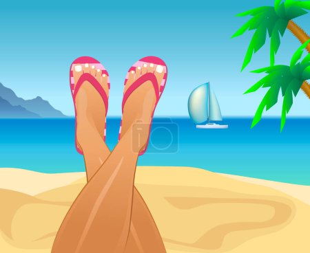 Illustration for Cute pink striped slippers. Slender tanned female legs in flip-flops on the background of the ocean. Holidays at the resort. The pink summer sandals vacation on the beach. Rest on the sea. Vector EPS - Royalty Free Image