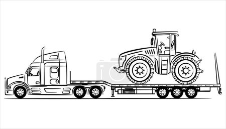 Téléchargez les illustrations : American Flatbed trailer truck silhouette abstraite sur fond blanc. Un dessin à la main d'un camion. Remorque avec essieu extensible remorque gréée. Camion remorque à lit bas avec tracteur à roues - en licence libre de droit