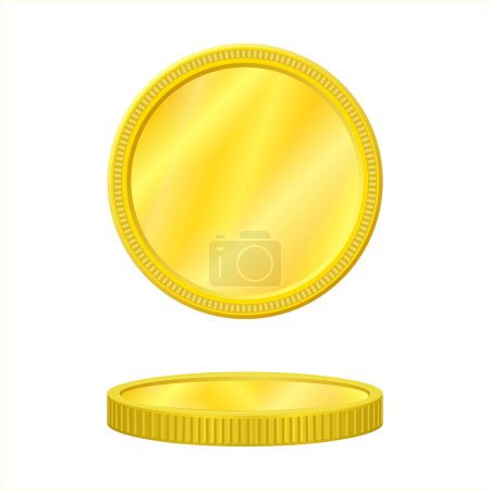 Moneda de oro, dinero en efectivo. Ilustración vectorial aislada sobre fondo blanco. 3d icono de moneda de oro realista, etiqueta de oro, medalla. Dos vistas en perfil y frente