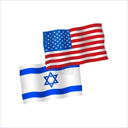 Ilustración de Banderas de ilustración realistas de América e Israel. Las banderas de Estados Unidos e Israel están juntas y balanceándose. Realista de banderas de país sobre fondo blanco. - Imagen libre de derechos