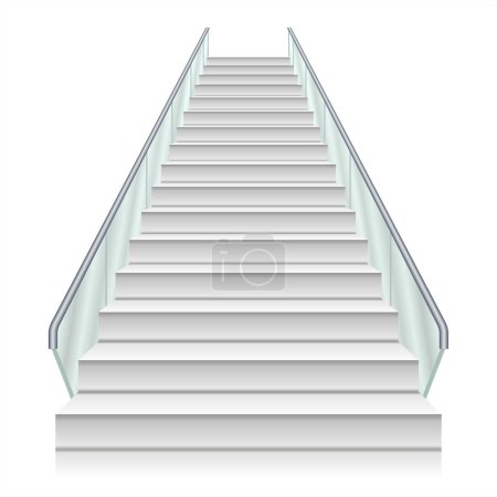A modern staircase with transparent glass railings, blending seamlessly into a minimalist interior. Color staircase realistic illustration, isolated on white background. Front view of white staircase.