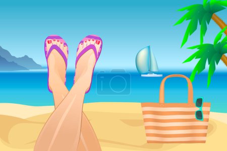 Illustration for Cute violet striped slippers. Slender tanned female legs in flip-flops on the background of the sea. Relaxing on a tropical beach. The pink summer sandals vacation on the beach. Rest on the sea. - Royalty Free Image