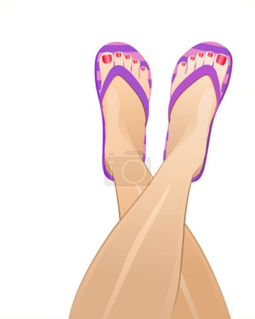 Lindas zapatillas de rayas moradas. Delgadas piernas femeninas bronceadas en chanclas sobre un fondo blanco. Vacaciones en el resort. Las sandalias rosas de verano. Descansa en el mar. Vector EPS 10