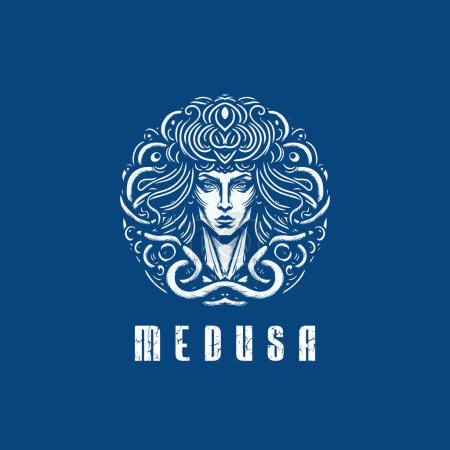 Téléchargez les illustrations : Modèle d'illustration vectorielle de conception de logo de Medusa de caractère de cercle de timbre négatif idée - en licence libre de droit